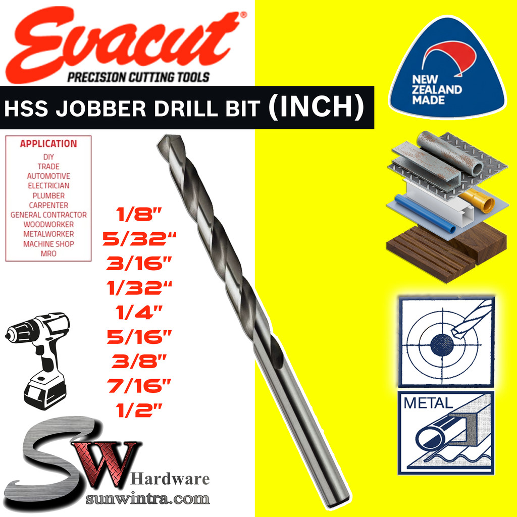 EVACUT HSS JOBBER DRILLS BIT (INCH) 1/32" - 1/2" Mata Gerudi Besi HSS สูง速钢麻花钻