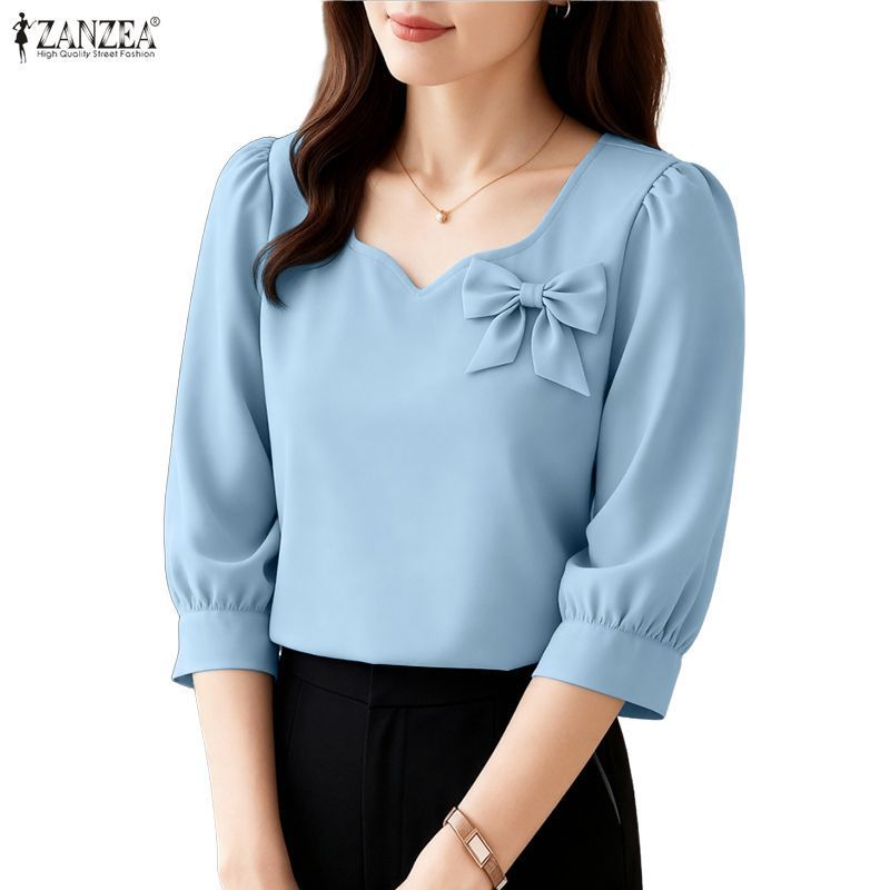สเวตเตอร์แขนสามส่วนสำหรับผู้หญิง สไตล์เกาหลีแขน3/4สีทึบมีจีบ