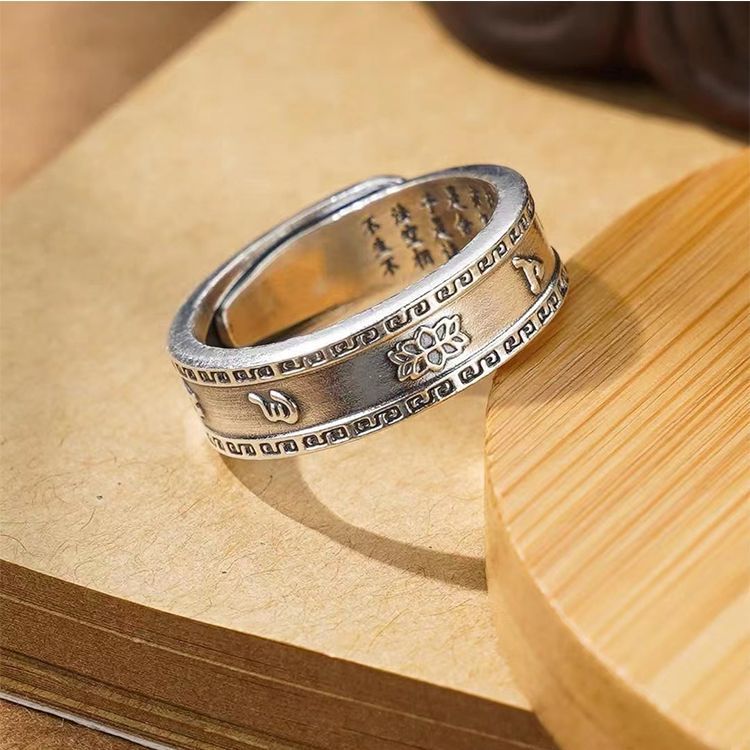 Hot Sale#s999Sterling Silver Six Mantras Buddhist Rings for Men and Women Couples Open Adjustable Vi