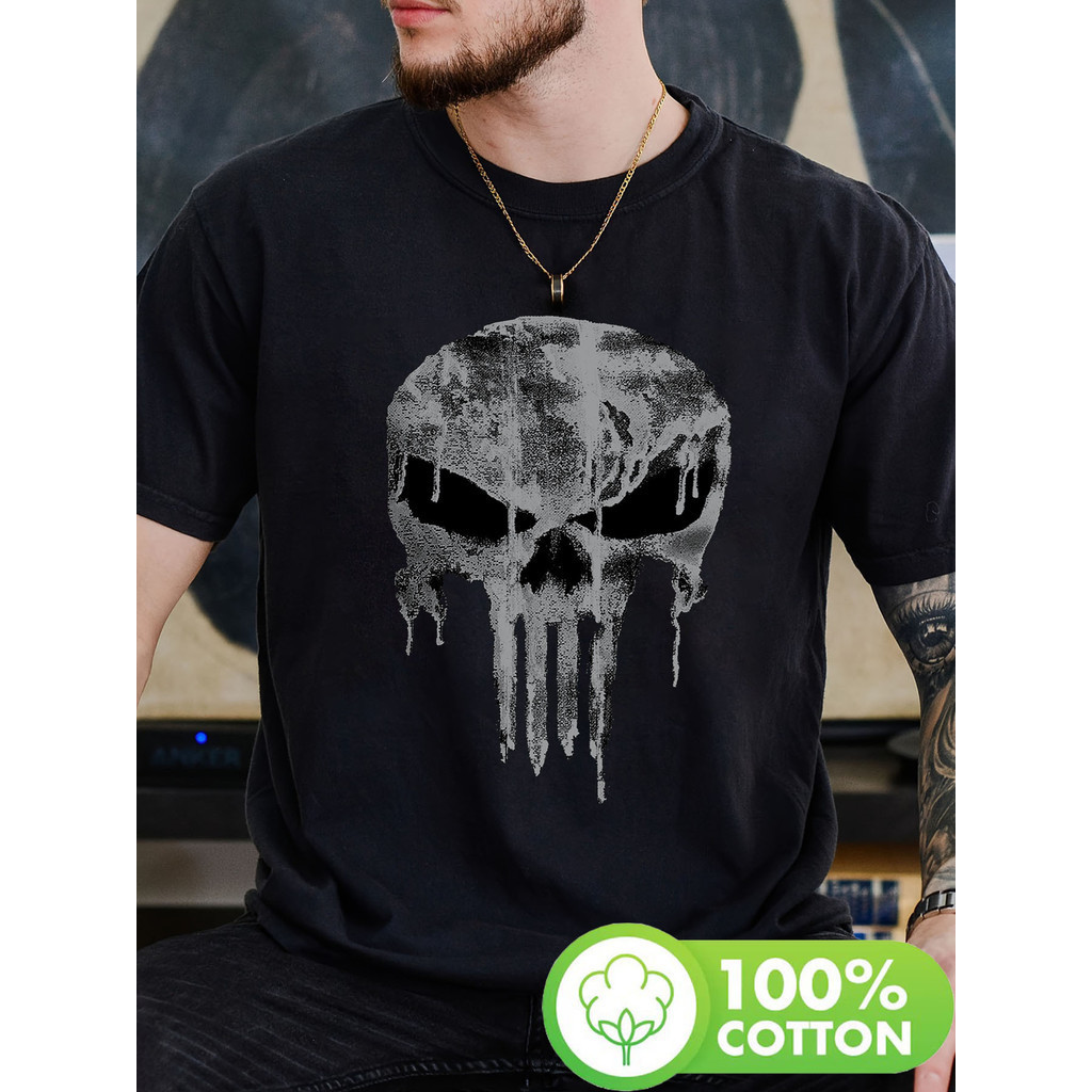 ทีเชิ้ตพิมพ์โลโก้หน้าอกวินเทจหัวกะโหลกสีเทาของ Punisher แขนสั้นคอกลมสำหรับ