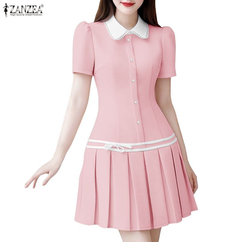 ZANZEA ชุดแซลมอนสไตล์เกาหลี ดีไซน์อ่อนหวาน กางเกงบานพู่พัฟและโบว์ knot สไตล์หรูหรา
