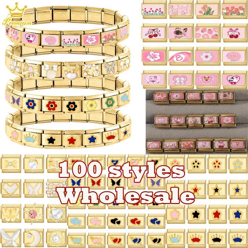 Y2K สีชมพูออกแบบน่ารักแมวสุนัข Bow Cherry Tulip Golden Italian Charm Links 9 มม.กําไลข้อมือสแตนเลส DIY ทําของขวัญ