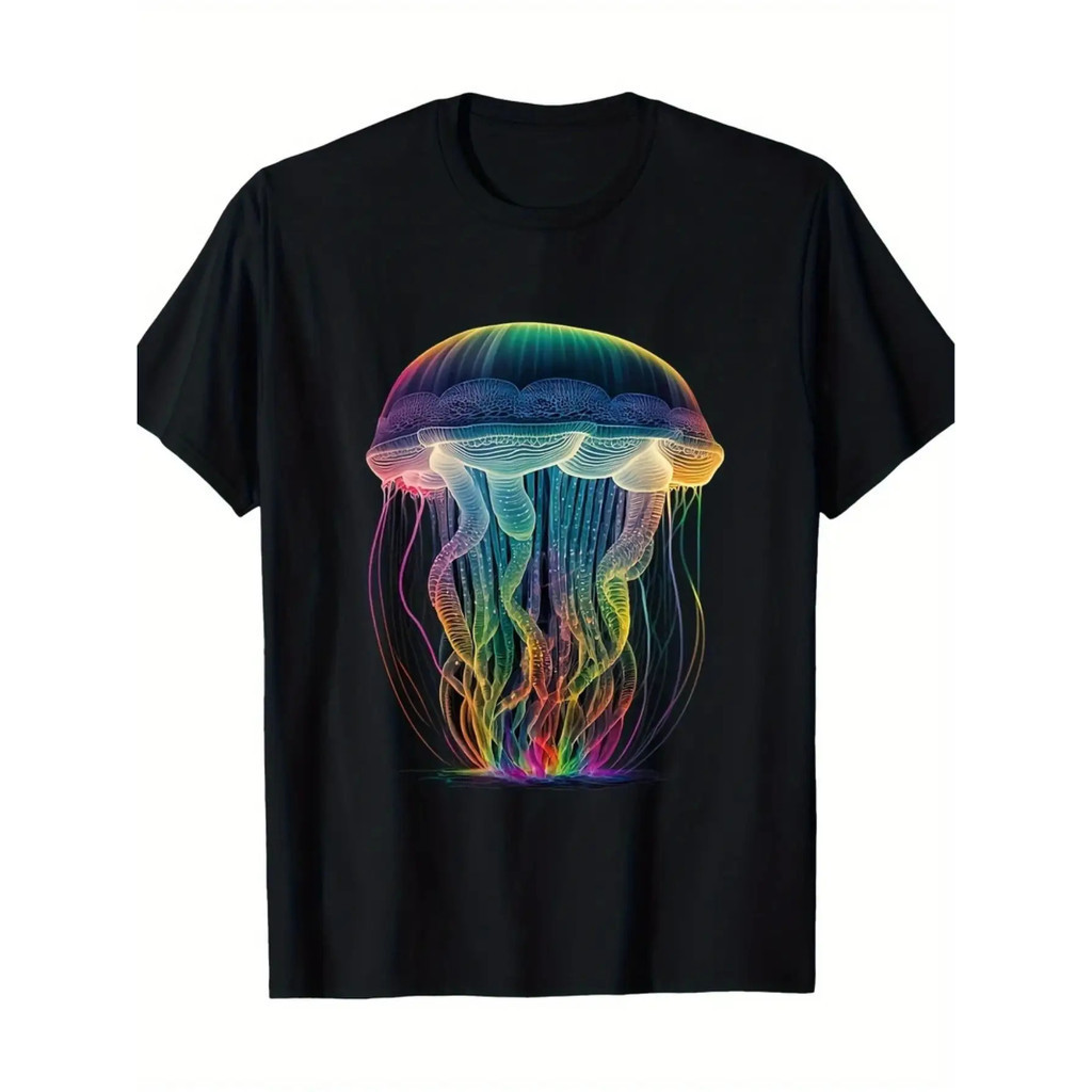 ชาย เสื้อยืดกราฟิกแมงกะพรุนเรืองแสง พิมพ์นีออนสดใส เสื้อยืดคอวีผ้าฝ้ายสีดำ แขนสั้น C