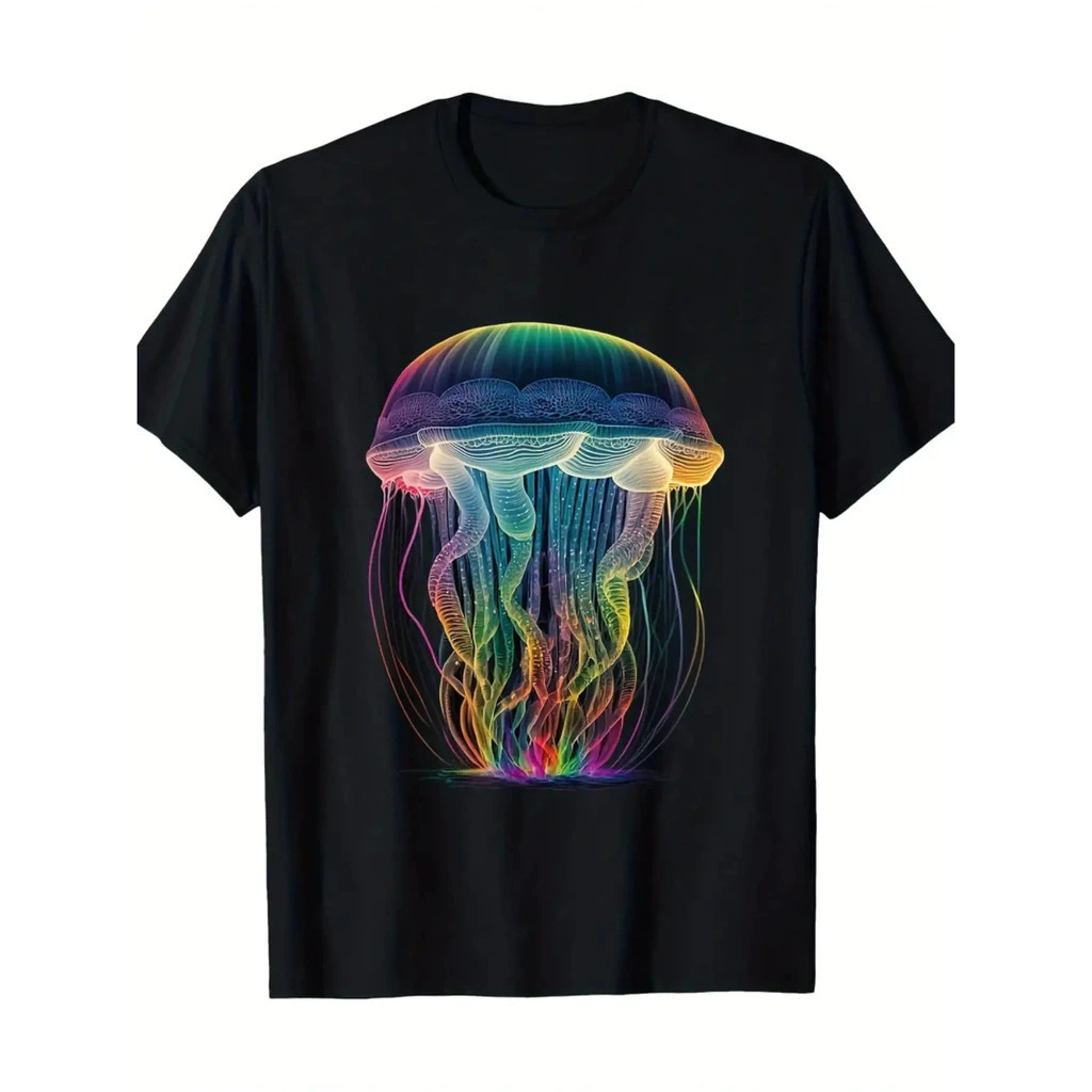ชาย เสื้อยืดกราฟิกแมงกะพรุนเรืองแสง พิมพ์นีออนสดใส เสื้อยืดคอวีผ้าฝ้ายสีดำ แขนสั้น C