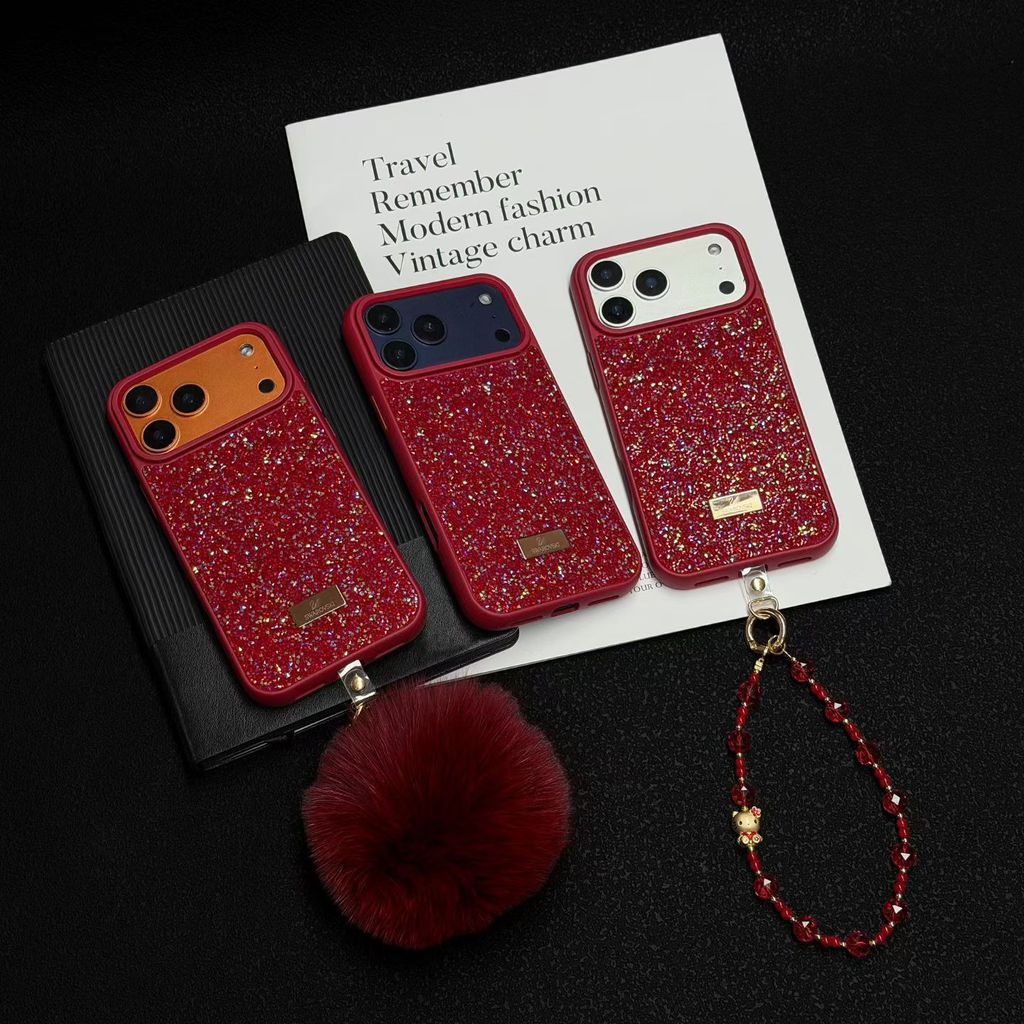 สําหรับ iPhone17 16 Pro max 16 Pro 16 15 Pro max เคสโทรศัพท์ Rhinestone สีแดงหรูหรามีสไตล์
