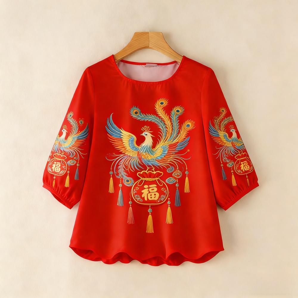 เสื้อตรุษจีน ชุดสตรีจีนสไตล์วินเทจปีใหม่ เสื้อพิมพ์ลายจีนสีแดง แขนสามส่วนหลวมๆ ไซส์พลัสสำหรับผู้หญิง - รูปที่ 3