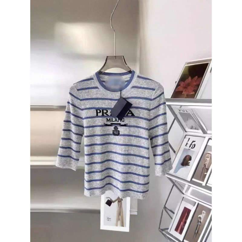 PD68 PRAD* Early Autumn New Striped Letter Jacquard Comfortable Wool Short Sleeve Knit Top for Women