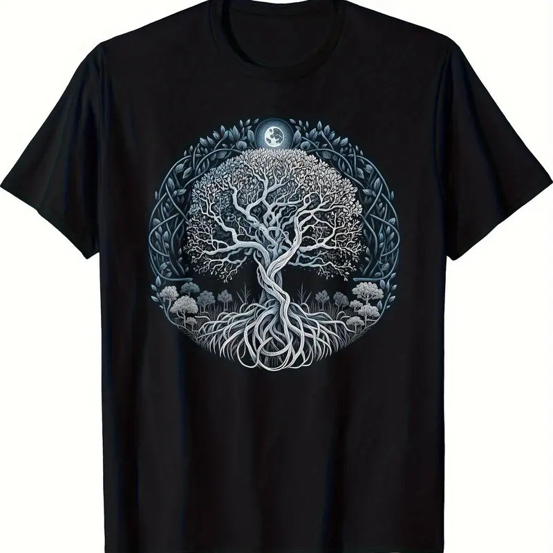 Men Cotton Viking Mythology T-Shirt Yggdrasil Tree with Moon Stars Norse Graphic Tee Black Blue Viki