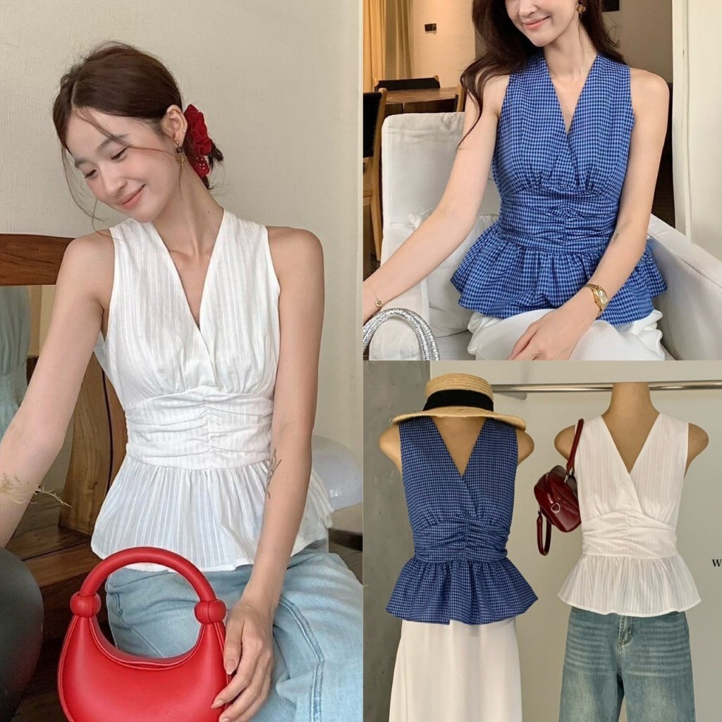 W8885 เสื้อแขนกุด แต่งจับจีบช่วงเอว แต่งชายระบาย งานน่ารักมากๆ แฟชั่นเกาหลี TAG WG.WE