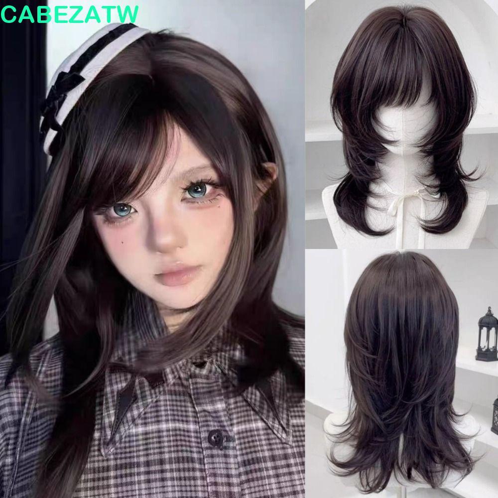 CABEZATW แมงกะพรุนวิกผม Bangs, สังเคราะห์สีน้ําตาลสีดําขนาดกลางตรง Layered วิกผม,ผมปลอมธรรมชาติ Mull