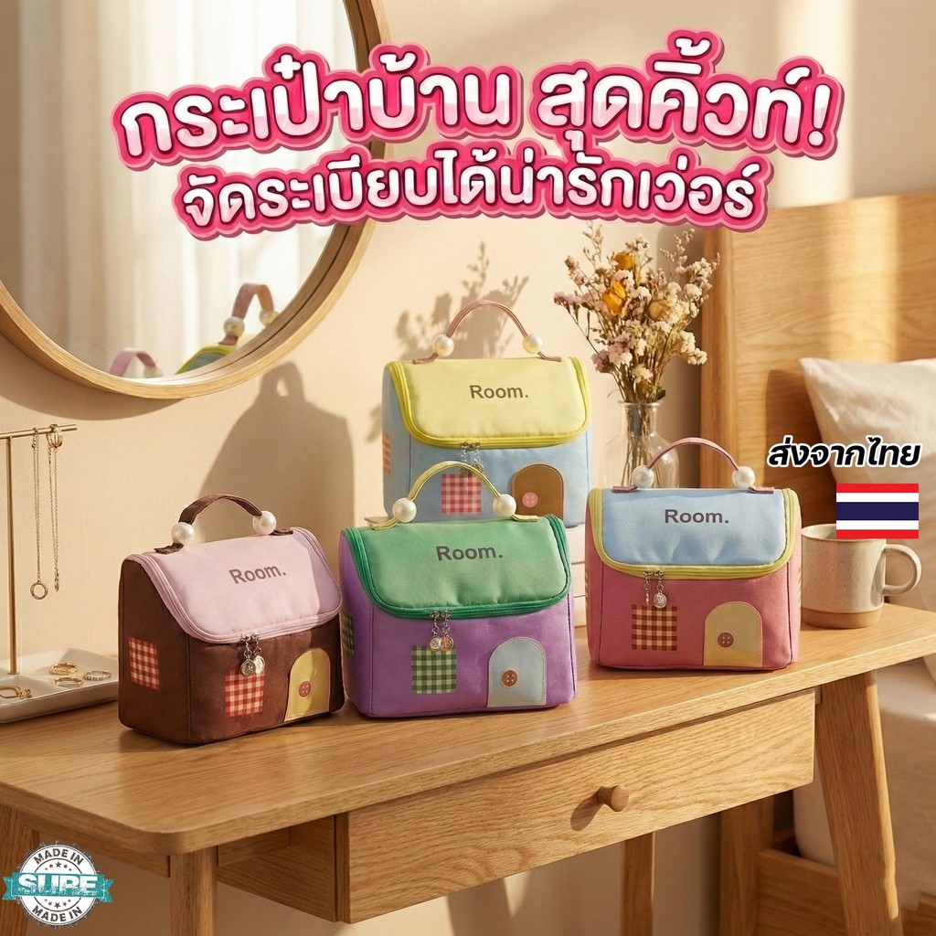 กระเป๋าเครื่องสำอางทรงบ้าน สีพาสเทลน่ารัก เก็บของได้เยอะ พร้อมหูจับ พกพาสะดวก เหมาะใส่เครื่องสำอาง ของจุกจิก