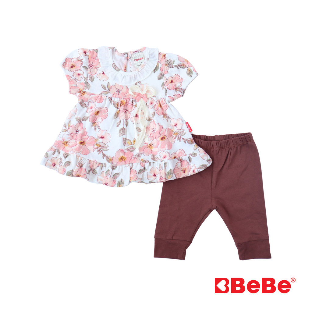 BeBe Infant Girl Floral Top & 3/4 Leggings Set - Puff Short Sleeves Baby Girl Outfit