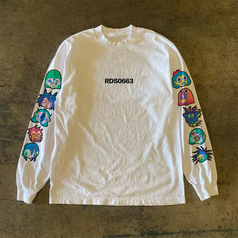 เสื้อยืดแขนยาวสำหรับผู้ชายและผู้หญิง มีการออกแบบที่หลวมรอบคอลายพิมพ์จากการ์ตูนอเมริกันและกราฟฟิตี