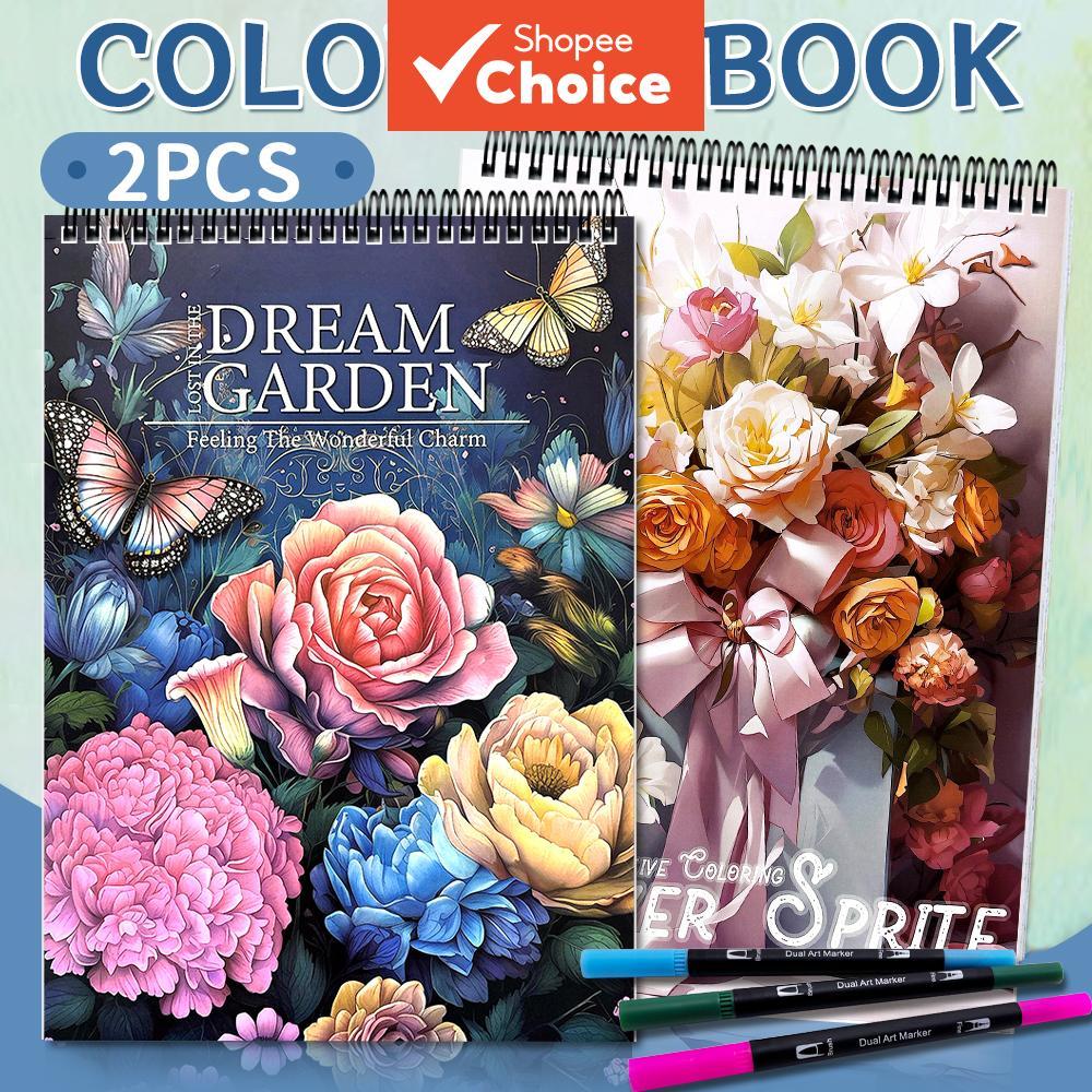 สมุดระบายสีคลายเครียดสําหรับผู้ใหญ่ Garden Themed Twin ชุดหนา A4 กระดาษเนื้อพรีเมี่ยม Sketchbooks Or