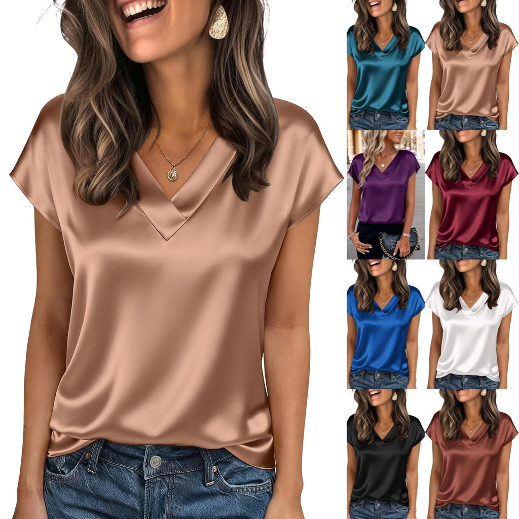 เสื้อผ้าแฟชันฤดูร้อน ผ้าซาติน ทรง V-neck แขนสั้น สำหรับผู้หญิง