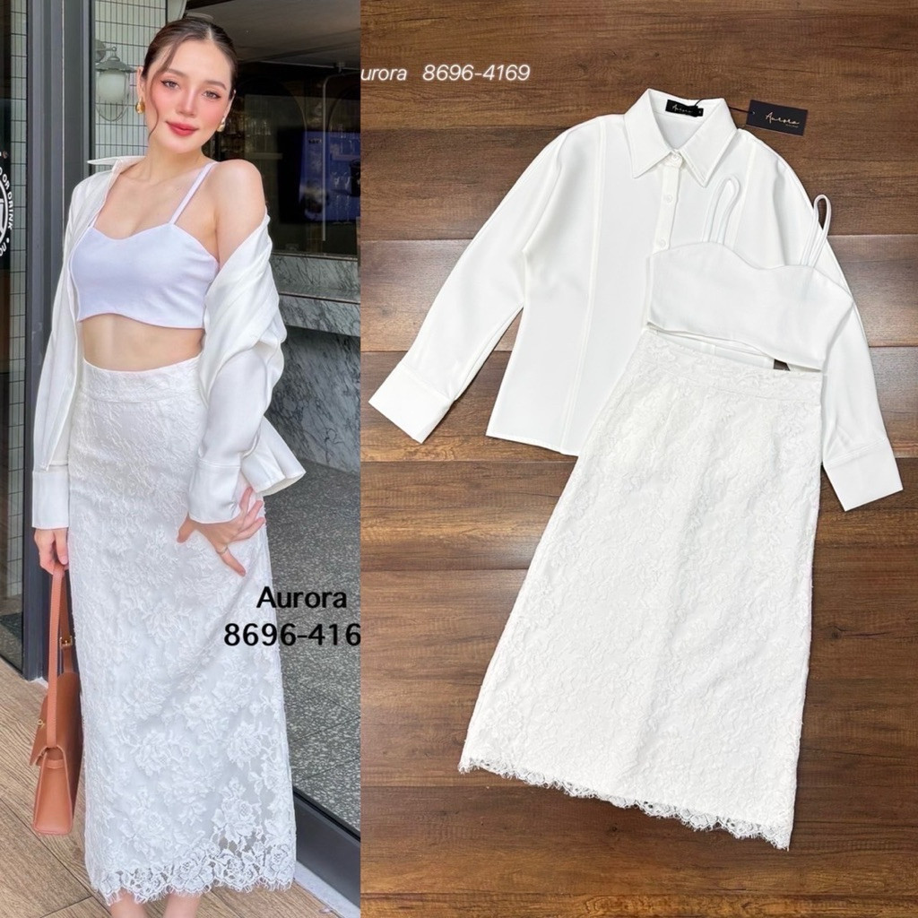 พร้อมส่ง เติม S-L⚡️AR 8696 ชุดเซ็ตผู้หญิง สีขาว เสื้อคลุม+ตัวใน+กระโปรงลูกไม้ สไตล์สาวเวียด2026 Summer ทะเล