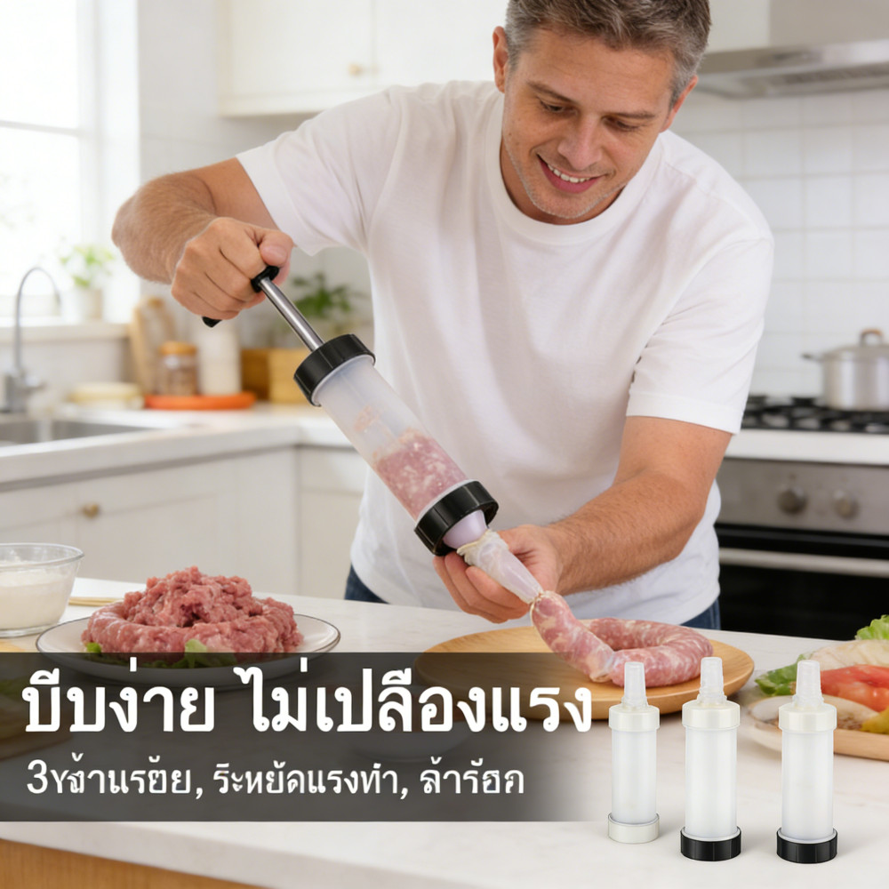 กระบอกอัดไส้กรอก เครื่องทำไส้กรอก ปืนกระโดด ยัดไส้อั่ว ไส้กรอก เครื่องทําไส้กรอก 3หัวฉีด