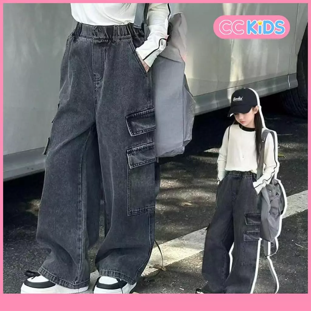 Girls Overall Jeans กางเกงขาตรง สีดํา หลวมสบาย Casual All-Match ไซส์ 110-160