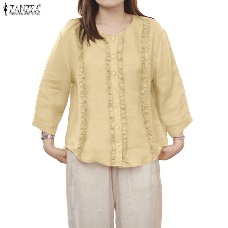 ZANZEA เสื้อลายแพตช์เวิร์คและรัฟเฟิล สไตล์เกาหลีสำหรับผู้หญิง มีปุ่มด้านหน้า แขนสั้น 3/4 — صورة 4