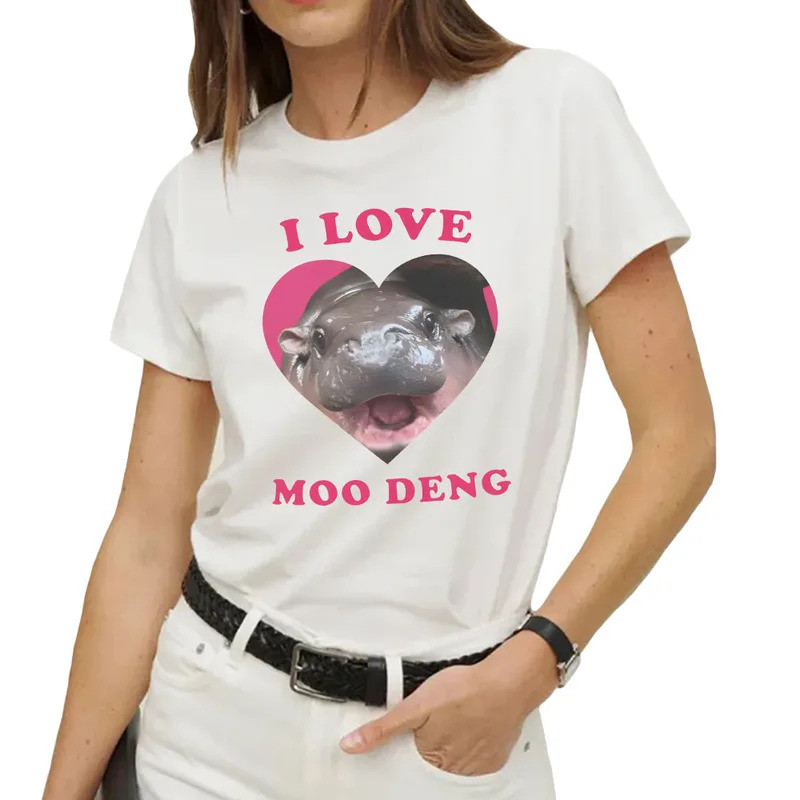 I Love Moo Deng Hippo เสื้อยืด Ropa Mujer แขนสั้นผ้าฝ้ายเสื้อยืดผู้หญิงผู้ชายรอบคอพิมพ์เสื้อยืด Kar