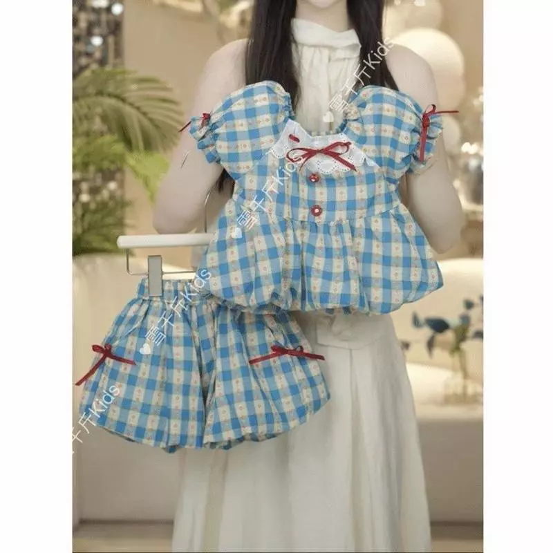 พร้อมส่งจากไทยค่ะ ชุดเซ็ตเด็กผู้หญิง แต่งลายสก๊อตสีน้ำเงิน เสื้อแขนตุ๊กตา+กางเกงมีซับใน GH877