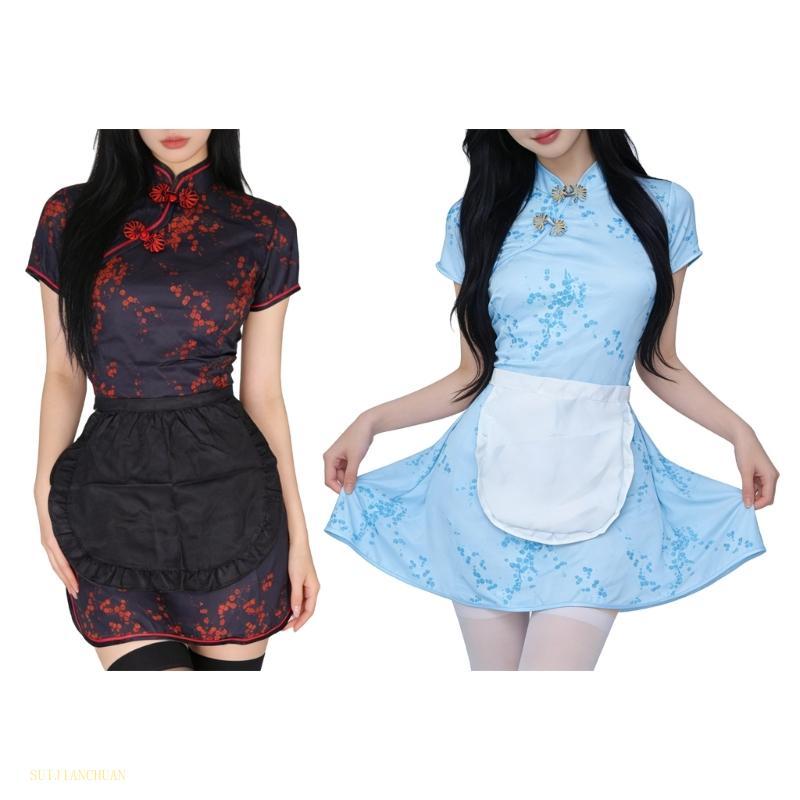 SJT สาวแม่บ้านผ้ากันเปื้อนแต่งตัวเครื่องแต่งกายแม่บ้านคอสเพลย์ผ้ากันเปื้อนกับชุดกี่เพ้าสําหรับสาวฮาโ