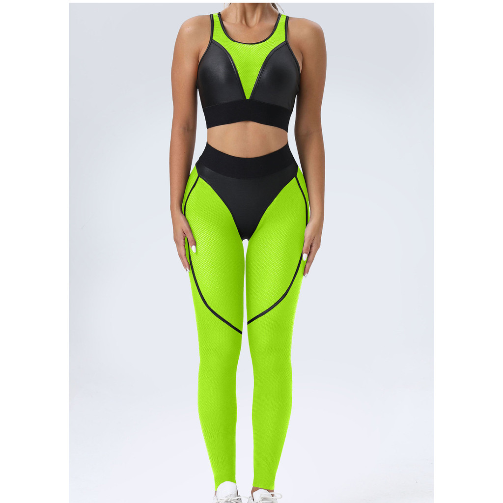 FitWild ชุดโยคะสำหรับผู้หญิง แผงตาข่าย พร้อมกางเกงขายาวและบราสครันช์ ดีไซน์เอวสูง นีออนหลากสี 5 สี