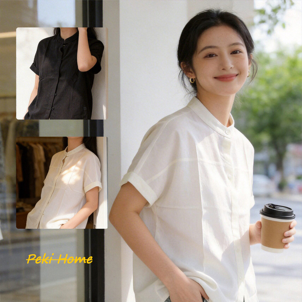 เสื้อเชิ้ตแขนสั้นผู้หญิง สไตล์เกาหลี คอจีน สวมใส่สบาย