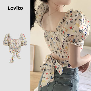 Lovito  เสื้อเบลาส์ลําลองลายดอกไม้ผูกหลังไม่มีหลังสําหรับผู้…