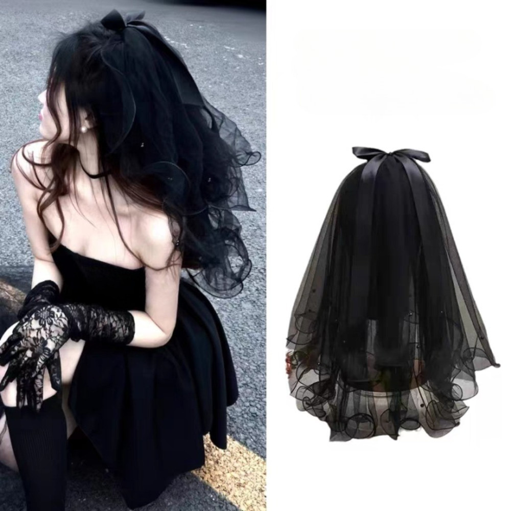 ผ้าคลุมหน้าสีดำชั้นมุกหรูหราสำหรับเจ้าสาวและงานแต่งงาน โรแมนติก_headpiece