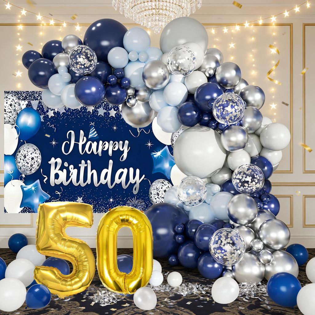 50th Happy Birthday Party Decor Night โลหะสีฟ้า Silver Confetti บอลลูน Garland Arch ชุด 32 นิ้วจํานว