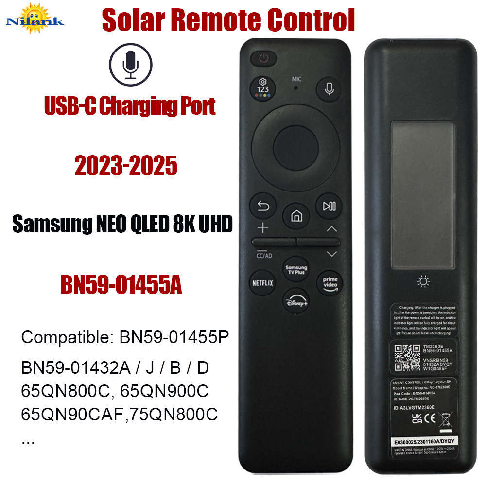 NEW รีโมทพลังงานแสงอาทิตย์ รีโมททีวี Solar SAMSUNG รองรับเสียงสั่งการ & ชาร์จผ่าน USB-C สำหรับทีวี Samsung TV NEO QLED 8K UHD BN59-01455A