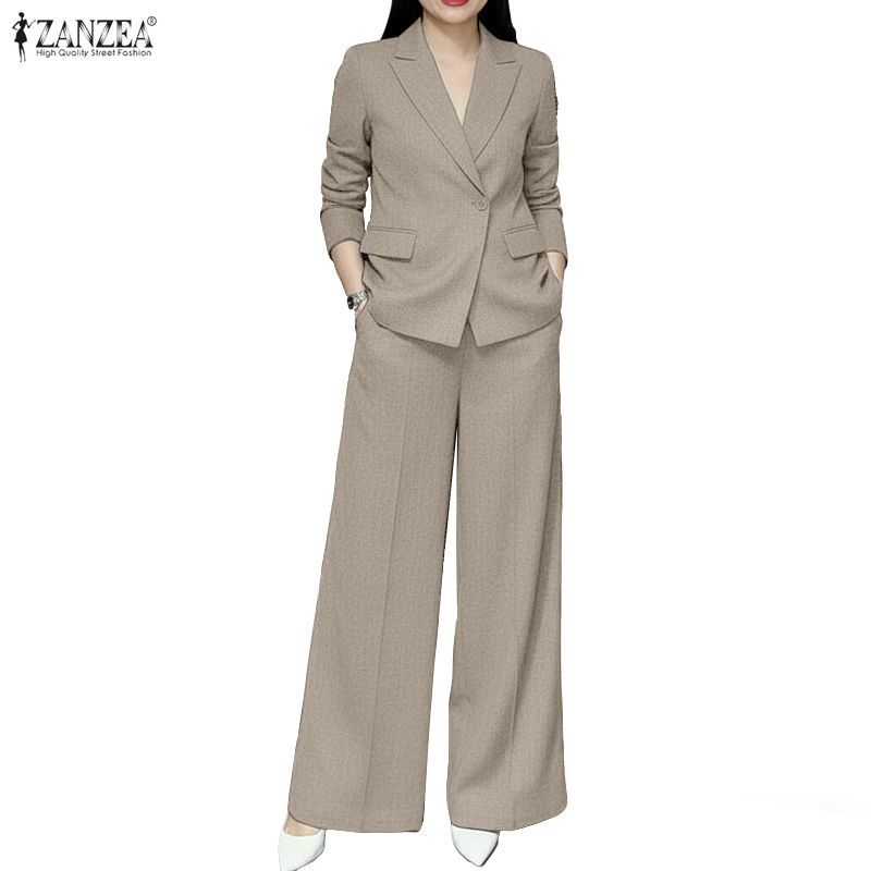ZANZEA ซานเซีย แฟชั่นผู้หญิงสํานักงานคอปกแขนยาวเสื้อกระดุมคู่ + เอวยางยืดกางเกงตรงกระเป๋าสูทชุด