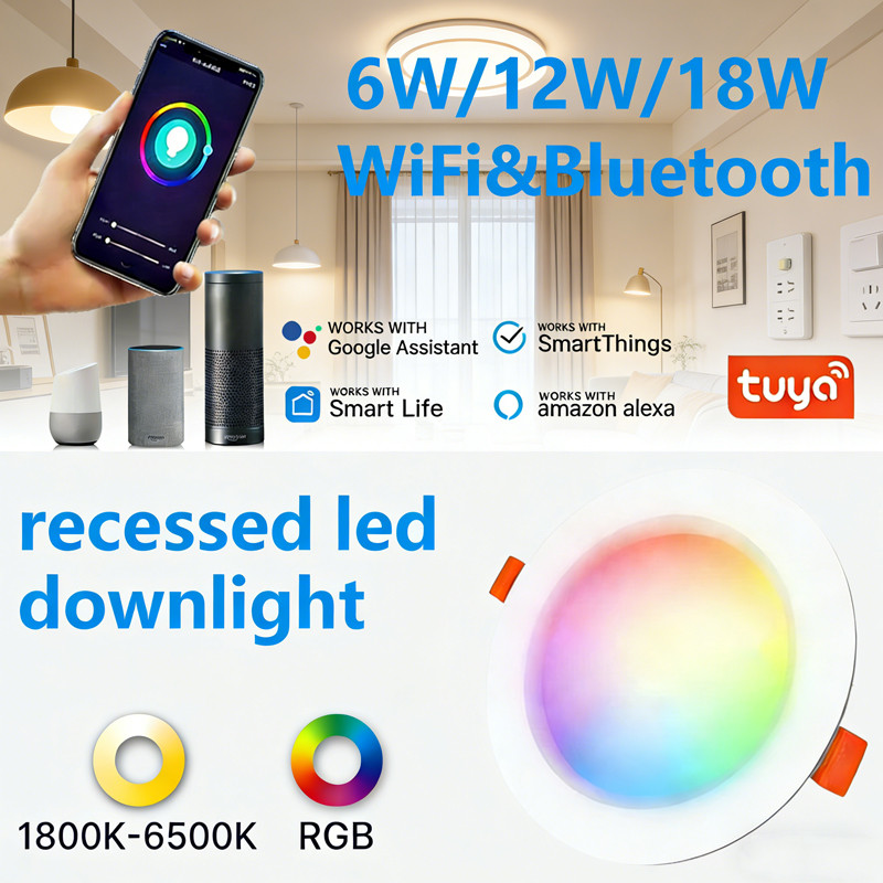 โคมไฟดาวน์ไลท์ LED ฝังฝ้า Tuya WiFi RGBW ปรับแสงได้ 6W/12W/18W รองรับคำสั่งเสียง Alexa