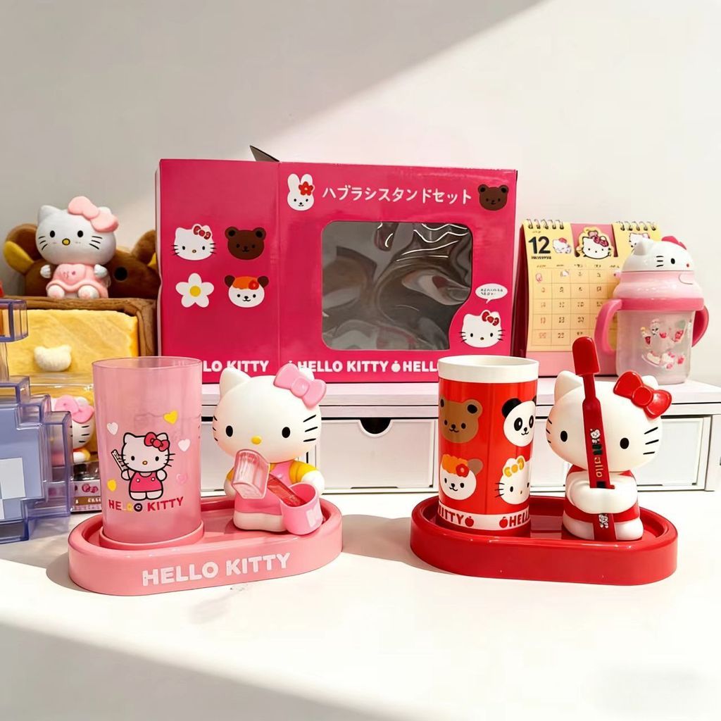 Sanrio Hello Kitty Kitty KT Cat น้ํายาบ้วนปากถ้วยแปรงสีฟันที่วางแปรงสีฟันชุดสามในหนึ่งเดียวกล่องของขวัญที่ใส่แปรงสีฟันในห้องน้ํา