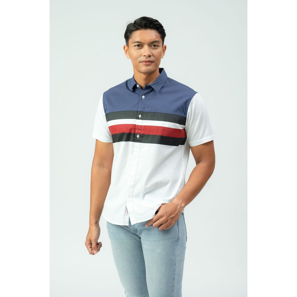 DAPPER เสื้อเชิ้ตลําลองทรงเข้ารูปสีน้ําเงินและสีขาว - 8253PTX