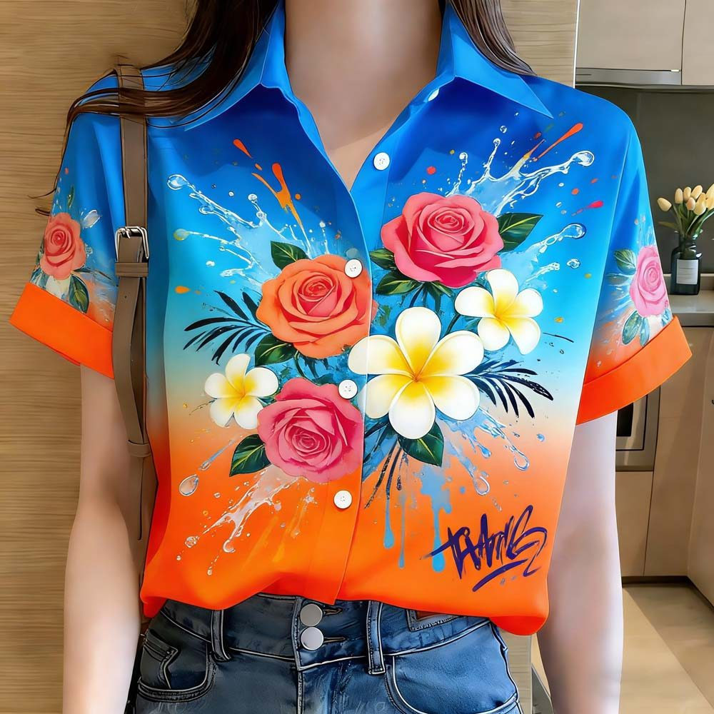 เสื้อเชิ้ตผู้หญิงลายกราฟฟิคสีฟ้าและส้ม สำหรับเทศกาลสงกรานต์