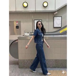 ชุดเซ็ตยีนส์ เสื้อคอปก+กางเกงขายาว งานผ้าทอเเต่งด้ายขุยตรงปล…