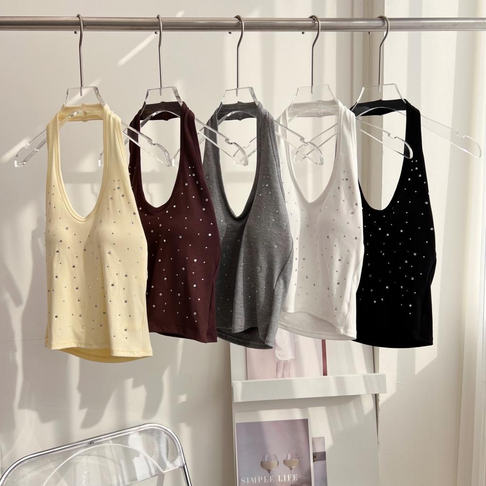 77UNI เสื้อคล้องคอติดเพชร เสริมบราฟองน้ำ Tank 370 Bling-bling choker vest เสื้อสายเดี่ยวโชว์หลัง เสื้อกล้ามผู้หญิง