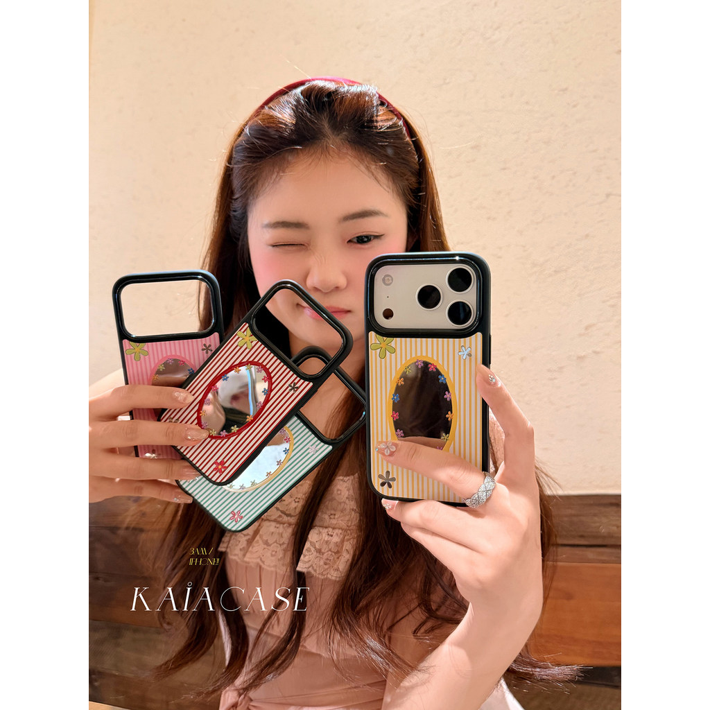 Huiwanju ดอกไม้ลายกระจกรูปไข่สําหรับ ip17promax เคสโทรศัพท์ ip16pro ใหม่ 13 หญิง 14pro สร้างสรรค์ 15pro รวมทุกอย่าง