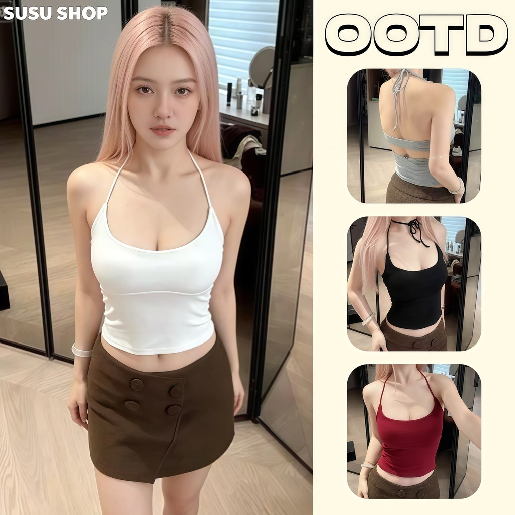 SuSu เสื้อสายเดี่ยวคล้องคอผู้หญิง สีพื้น ตกแต่งสายผูกด้านหลัง สไตล์เรียบง่าย รุ่นพื้นฐาน-FY2769