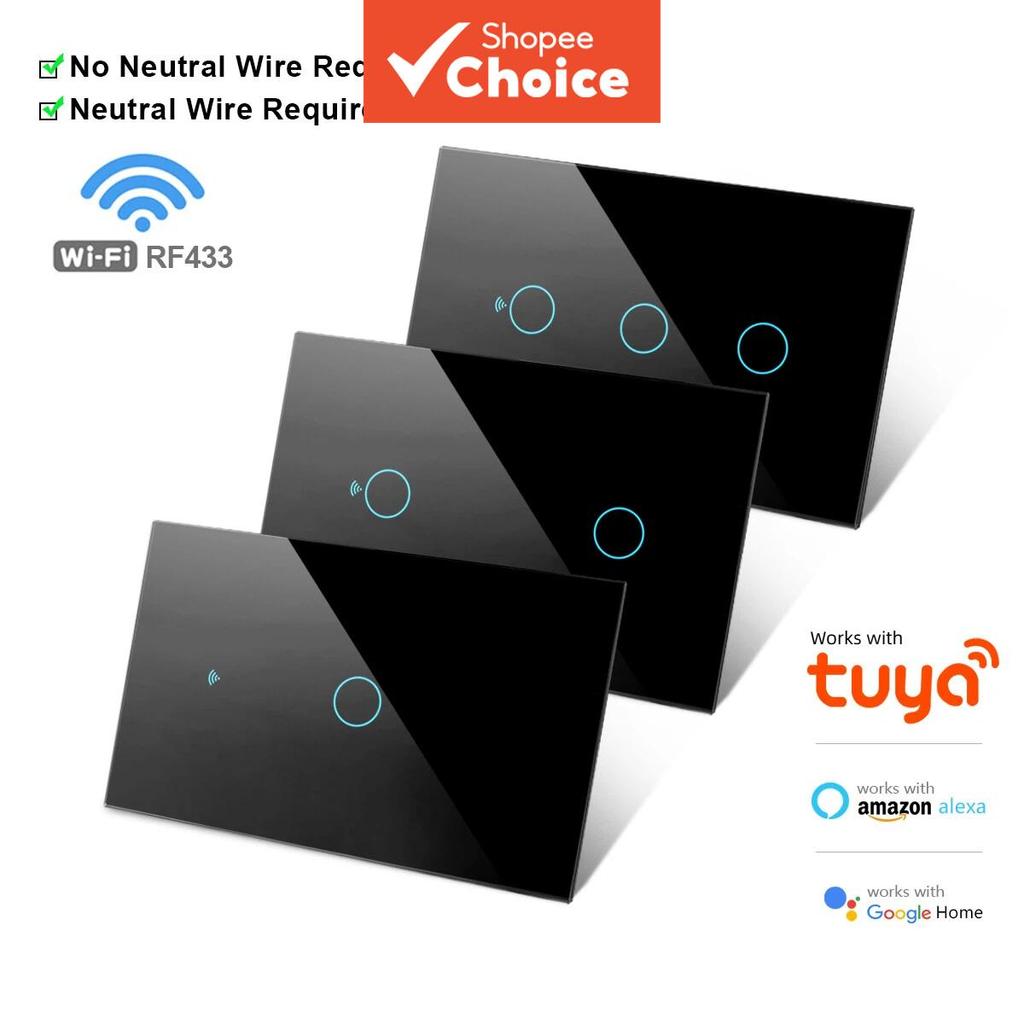 Tuya wifi สมาร์ทสวิตช์ผนังสําหรับ tuya- rf433 ไม่มีเซ็นเซอร์สัมผัสลวดเป็นกลางสําหรับ alexa