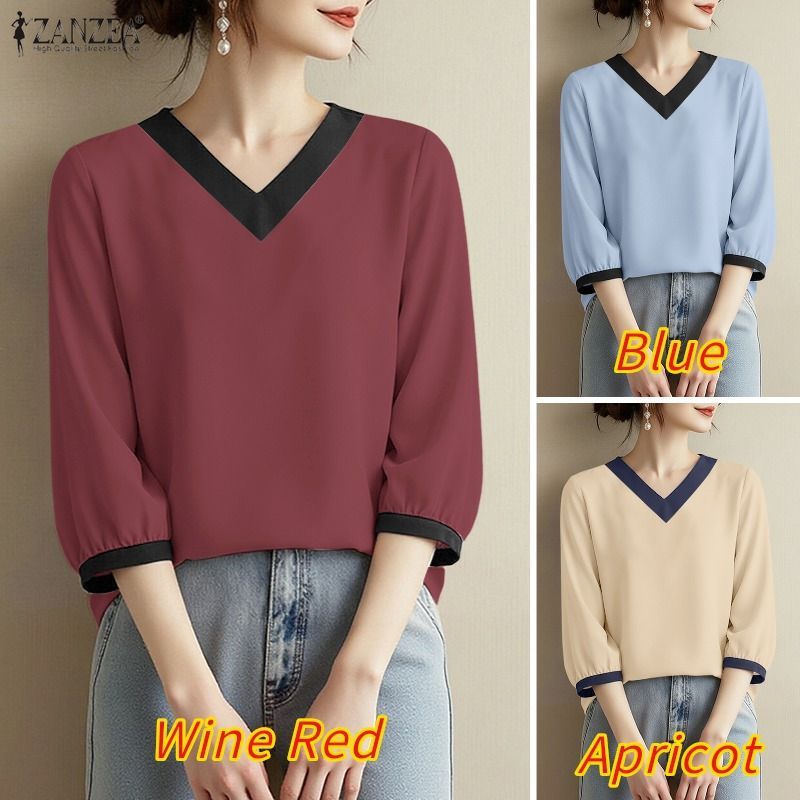 ZANZEA ผู้หญิงเกาหลีลําลอง V คอ 3/4 แขนโคมไฟ Contrast Splicing ปุ่มด้านหลังเสื้อหลวม — صورة 3
