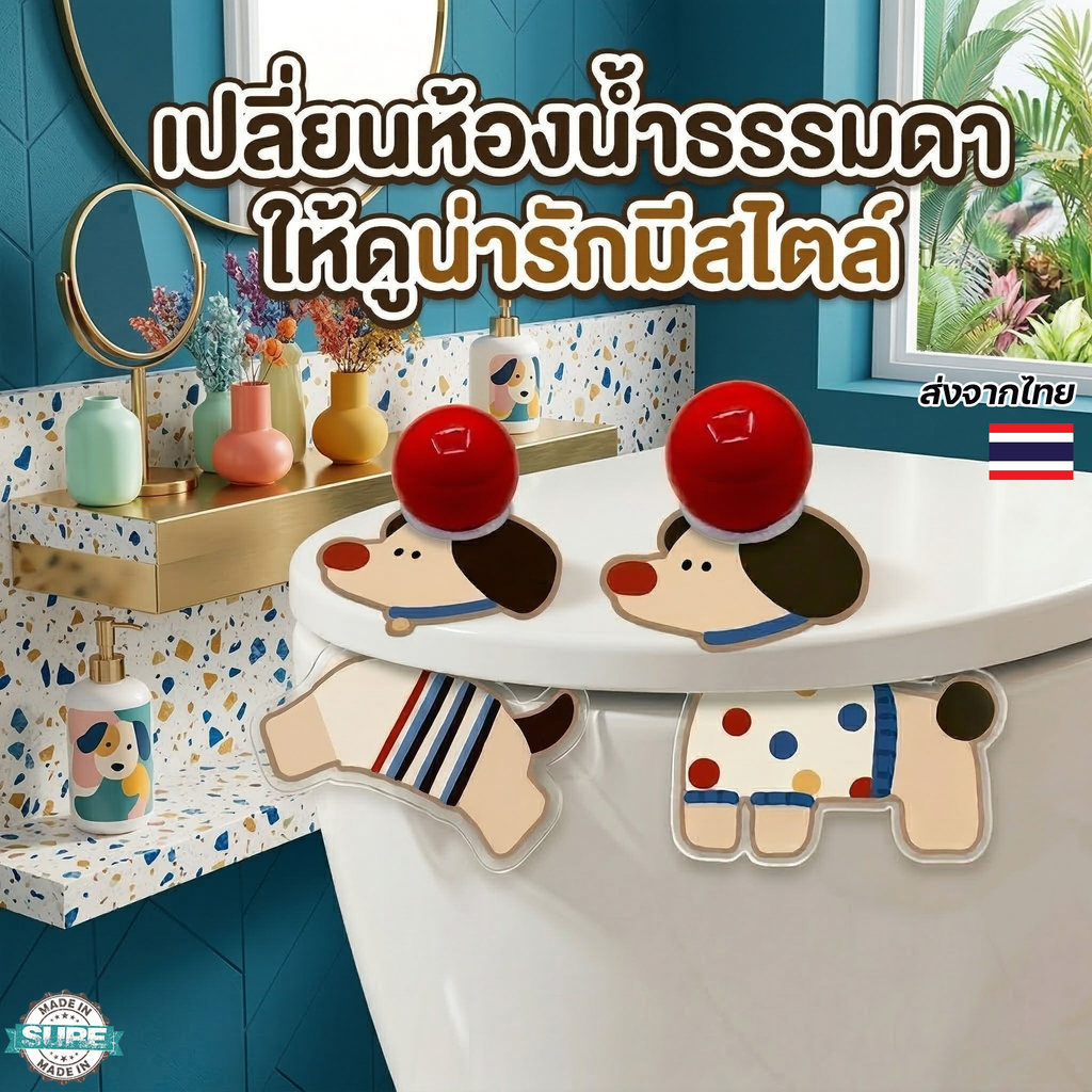 ที่ดึงฝาชักโครก ลายสุนัขน่ารัก ที่ยกฝาชักโครกแบบติดฝา ที่จับเปิดฝาชักโครก ลดการสัมผัส ใช้งานง่ายในห้องน้ำ