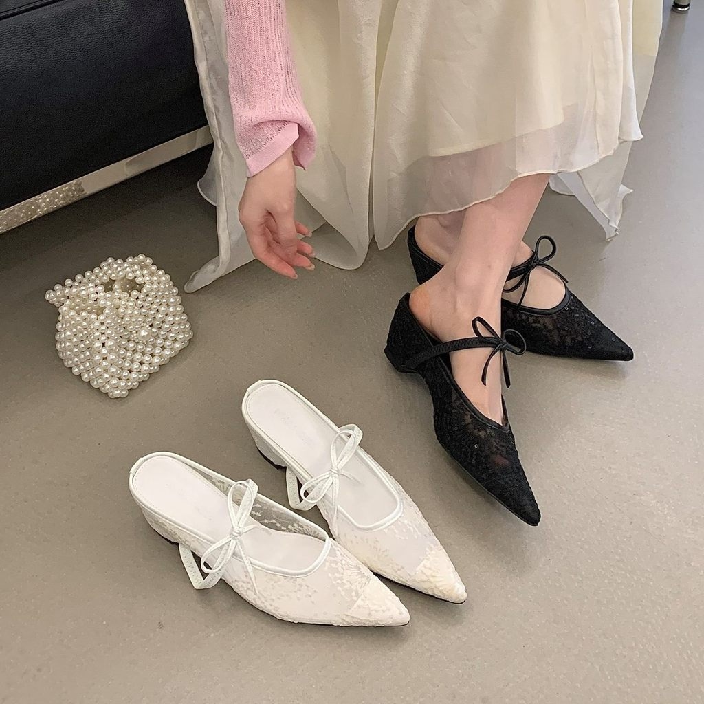 TT Sweet Pointed Toe รองเท้าแตะ lace-up ส้นหนา anti-slip เพิ่มความสูง สำหรับผู้หญิง