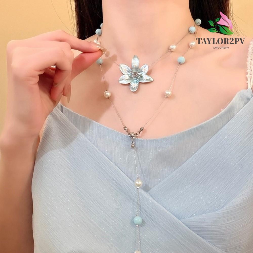 สร้อยคอมากมายชั้นดอกไม้สีฟ้า TAYLOR2PV สำหรับผู้หญิง งานประณีตและหรูหรา
