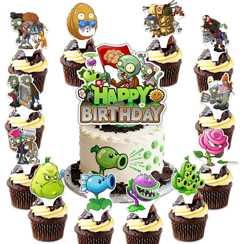 25 ชิ้นพืช Zombie Birthday Party Supplies Pack รวม 1 เค้ก Topper 24 Cupcake Toppers สําหรับพืช Zombi