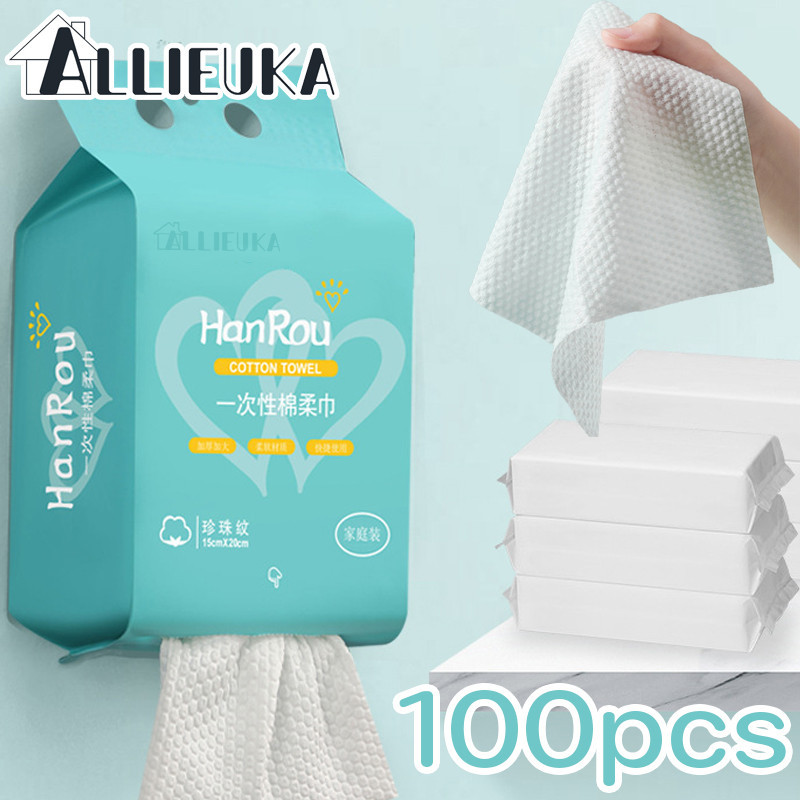 Allieuka ผ้าเช็ดหน้าแบบใช้แล้วทิ้ง 100 ชิ้น ทิชชู่เช็ดหน้า หนา นุ่ม เช็ดเครื่องสำอางค์ แผ่นใหญ่