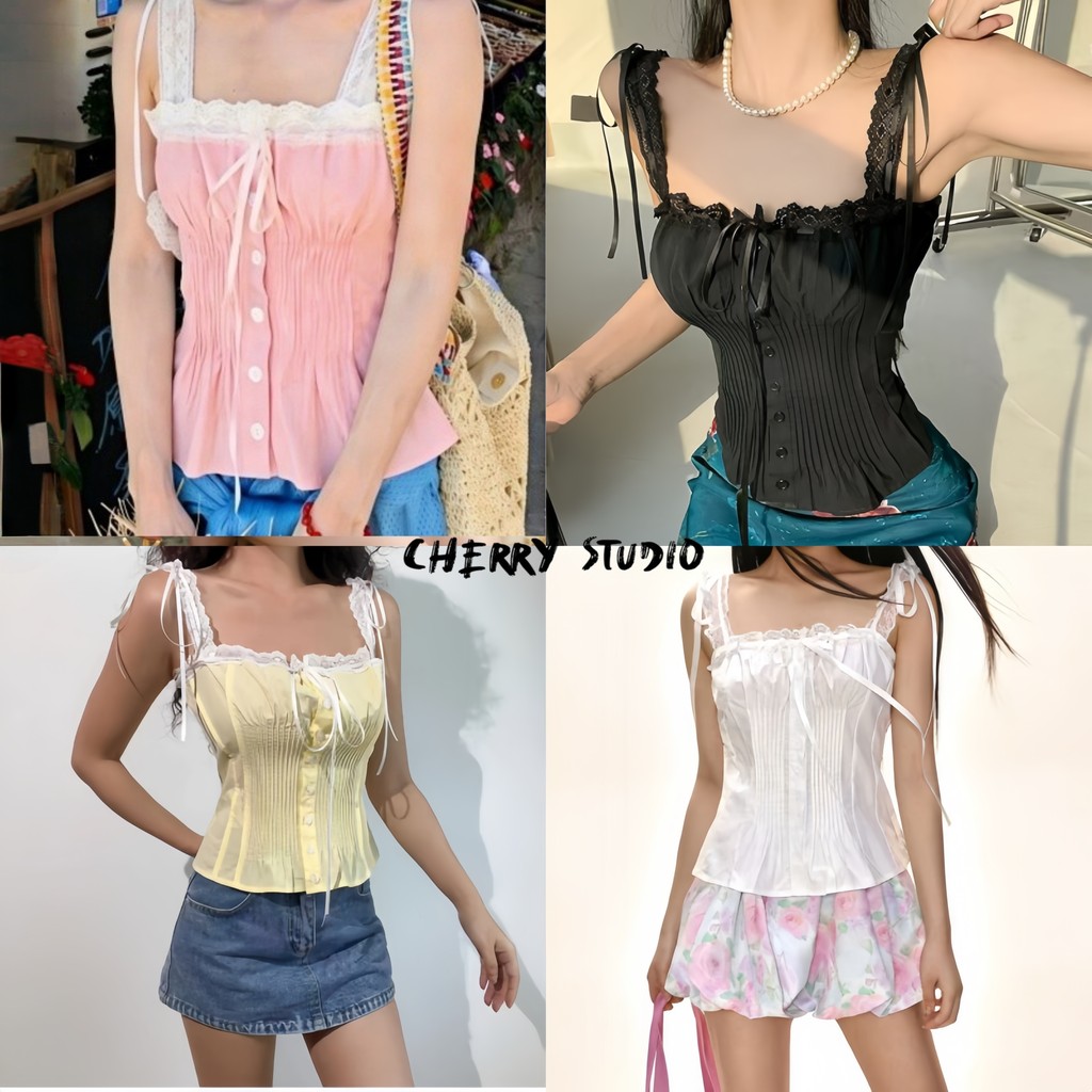 Cherry🌻พร้อมส่ง🍒เสื้อสายเดี่ยวลูกไม้ผสมผสาน สไตล์หรูหรา มีโบว์ตกแต่ง เอวรัดสัดส่วน สำหรับสุภาพสตรีเอวรัดสัดส่วน