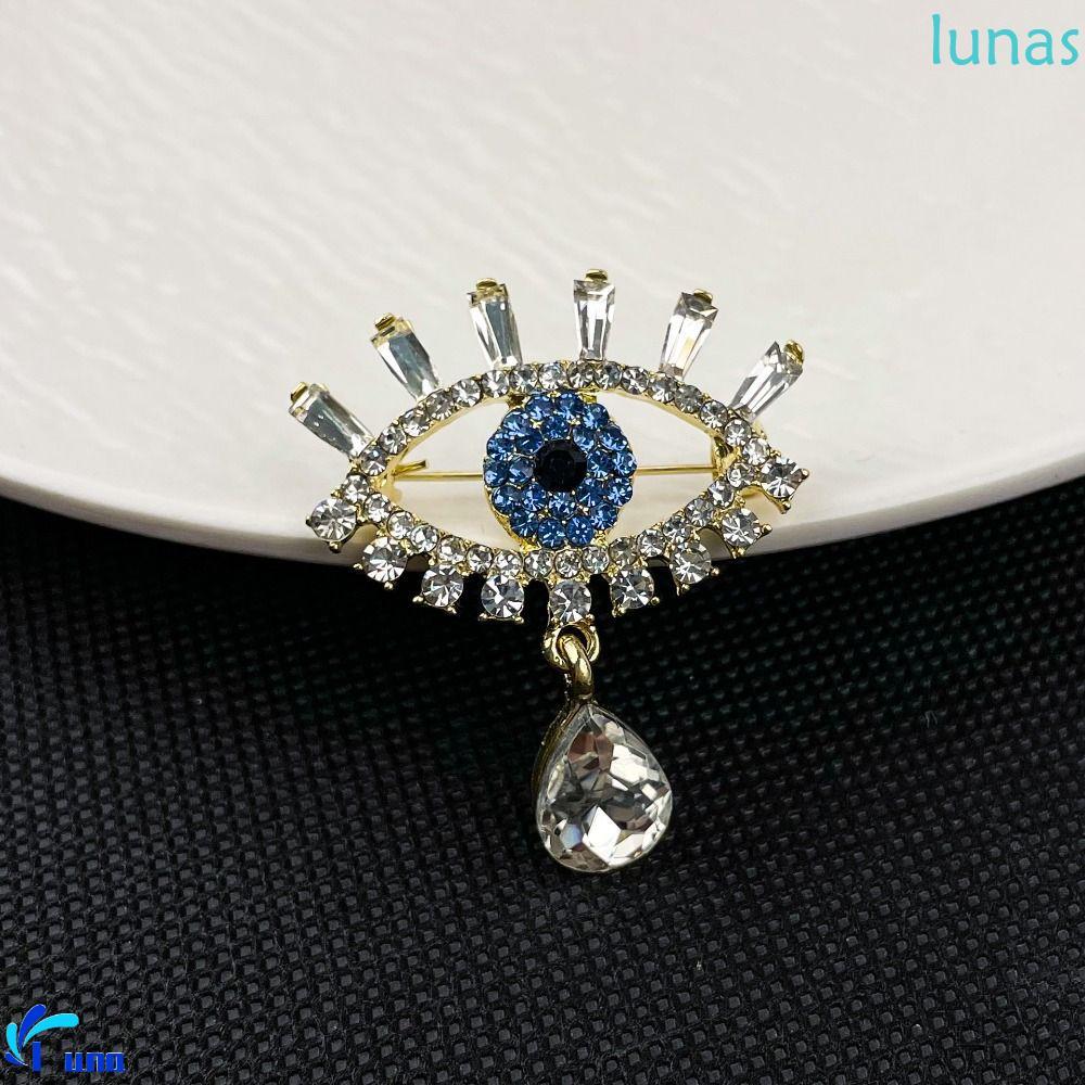 LUNASOL Devil Eye เข็มกลัด Pin, Vintage ตกแต่ง Luxury Badge Pin, จี้คริสตัลสไตล์เกาหลี Hollow Out Rh